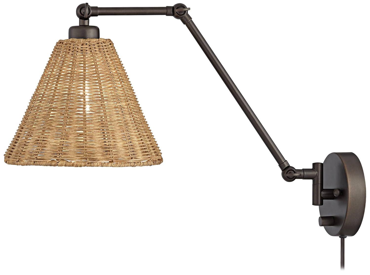 Barnes and Ivy Mid Century Modern Swing Arm Wall Lamps Set of 2 Bronze Plug-In Light Fixture Natural Rattan Shade for Bedroom Bedside House