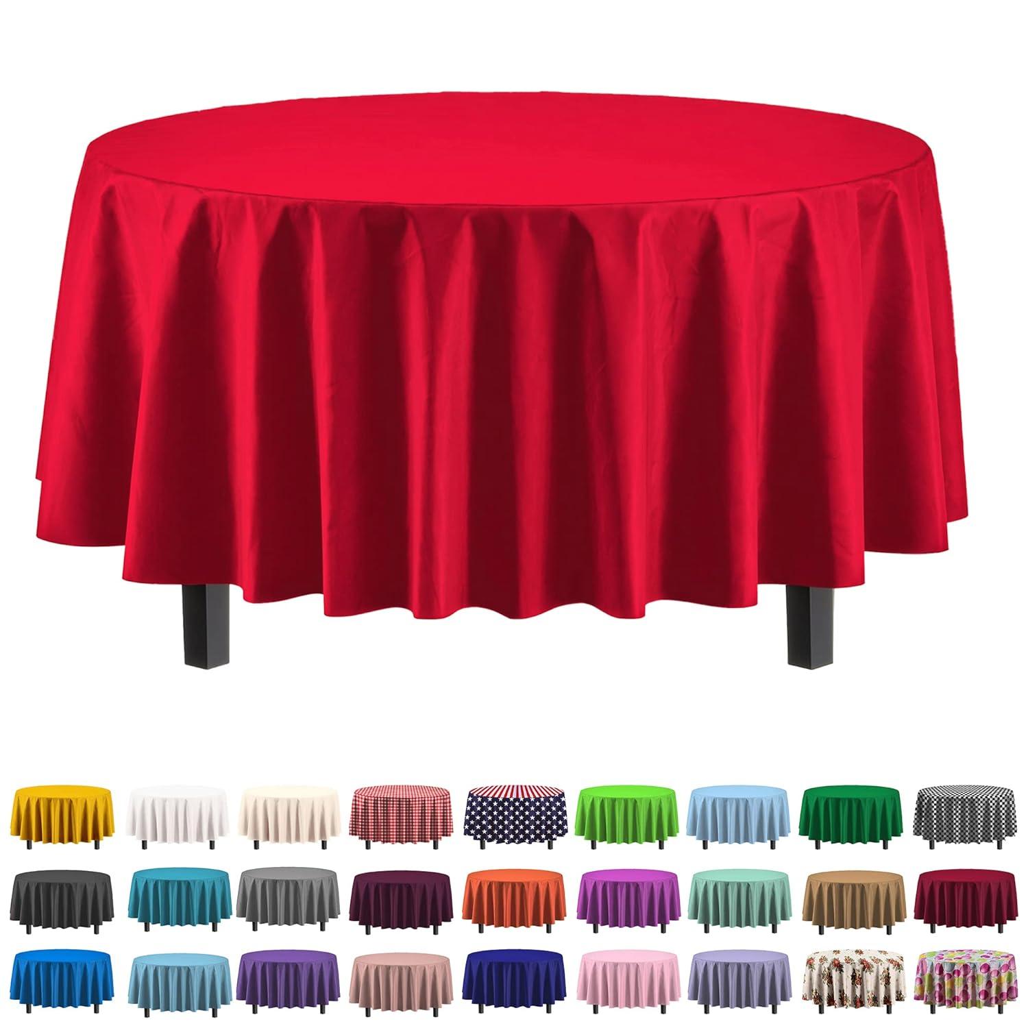 Crown Display Premium Quality Plastic Tablecloth 84 Inch. Round- Red- 6 Packs