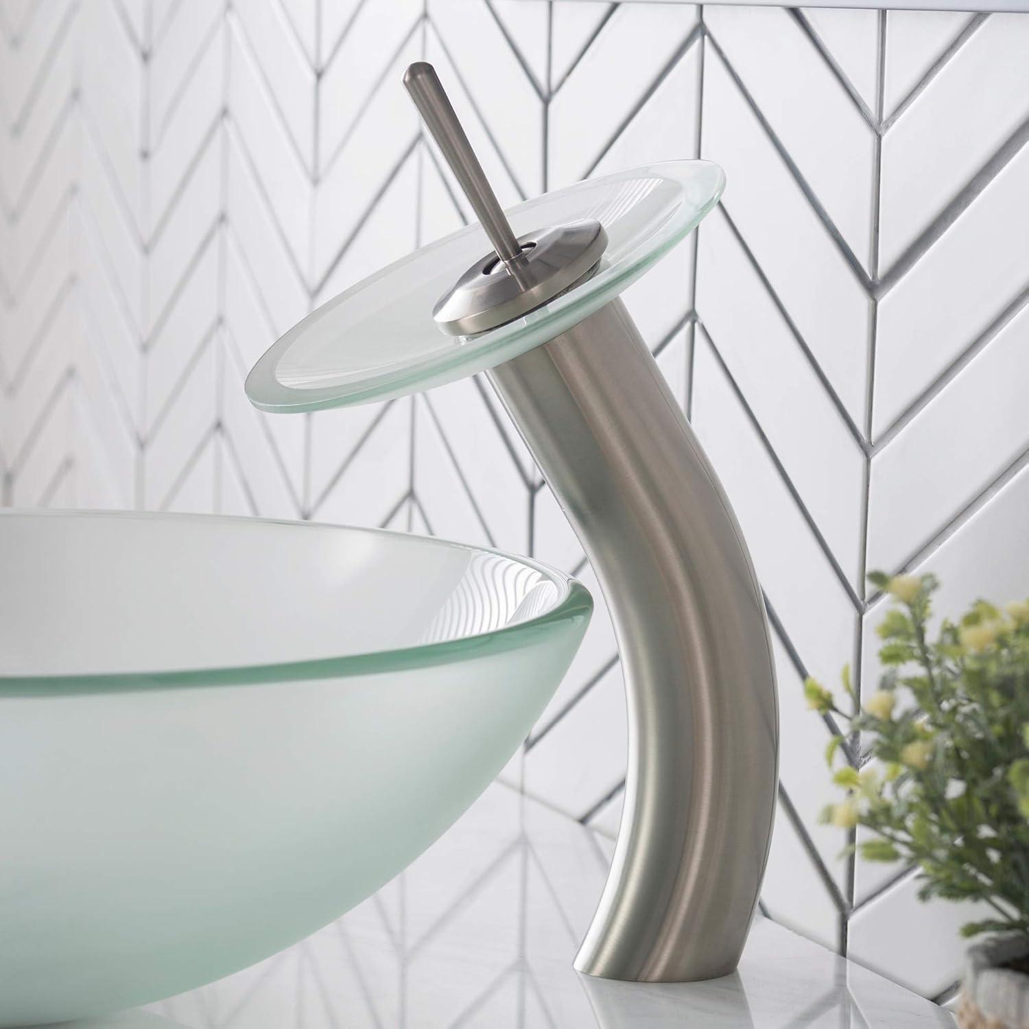 KRAUS Tall Waterfall Bathroom Faucet for Vessel Sink with Frosted Glass Disk and Pop-Up Drain, Satin Nickel Finish