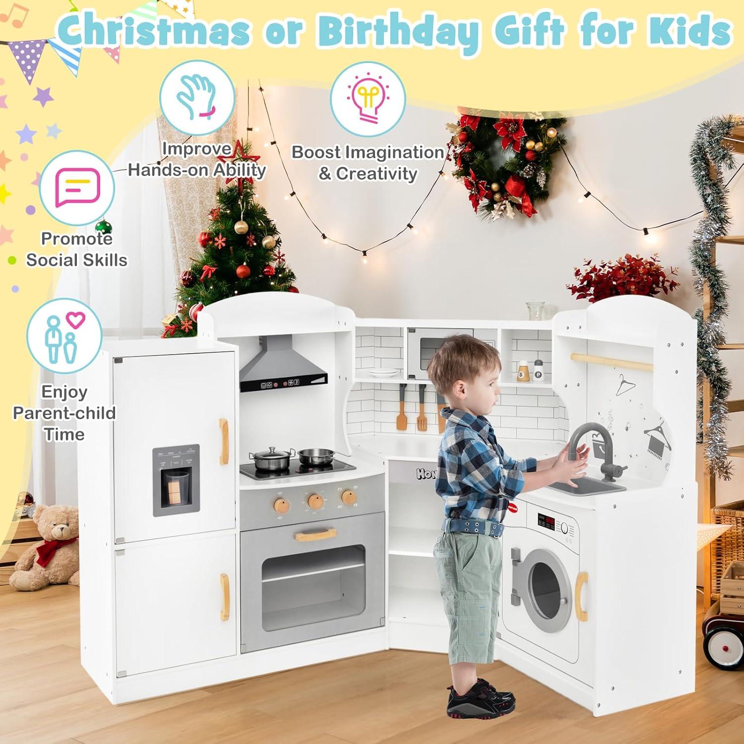 YYAo Kids Kitchen Playset, Pretend Play Kitchen for Toddlers, Toy Kitchen Set, Corner Kids Play Kitchen with Washing Machine and Ice Maker Gift for Boys Girls