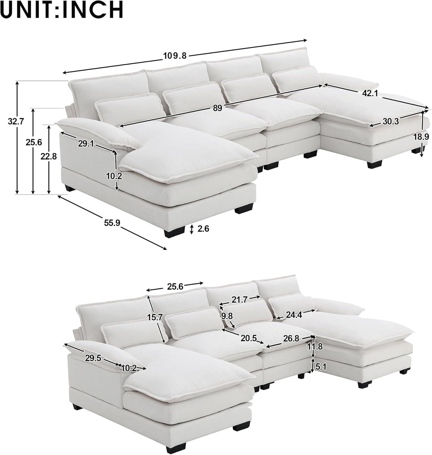 Modern U-shaped 6-seat Sectional Sofa with Waist Pillows Upholstered Sleeper Sofa, Chaise Lounge for Living Room White