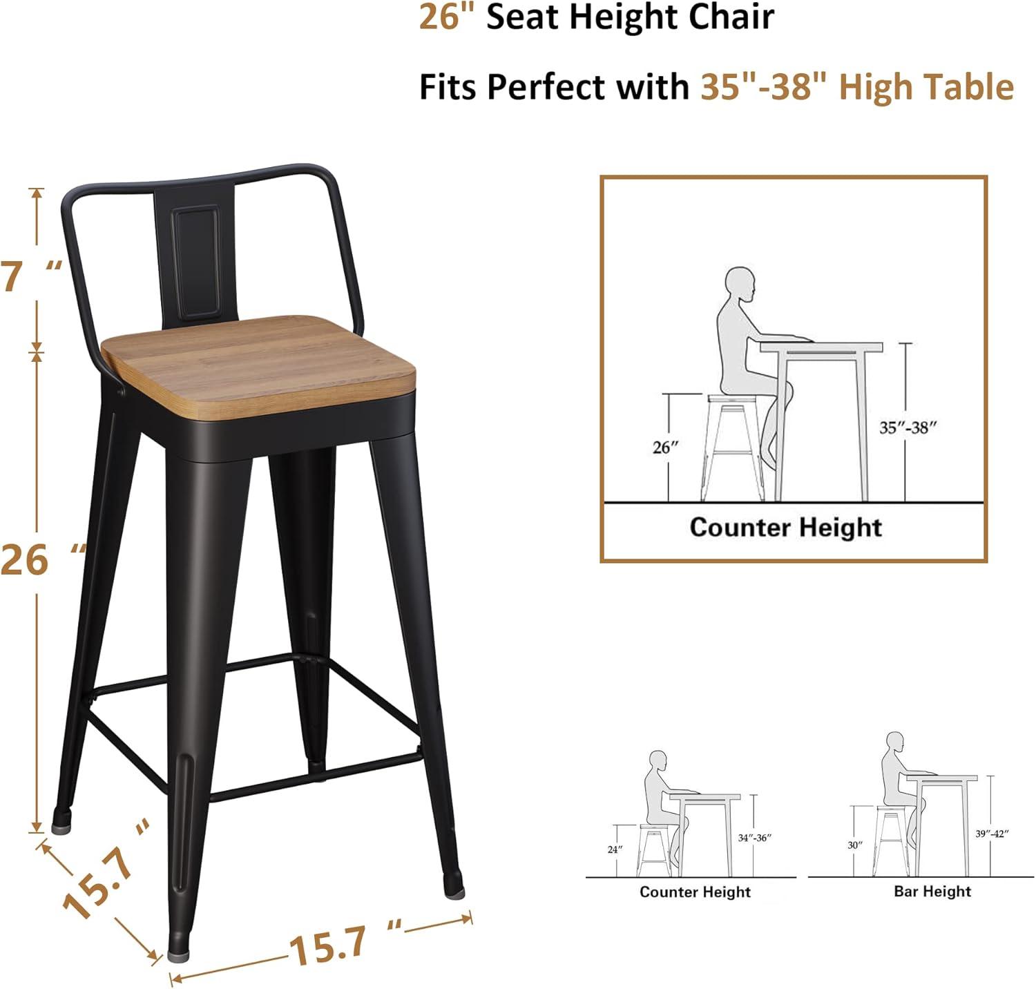 Bar Stools Set of 4 Metal Bar Stool Counter Height Bar Stools 26" Black Modern Bar Chairs with Back and Wooden Seat Bar Stools Counter Height