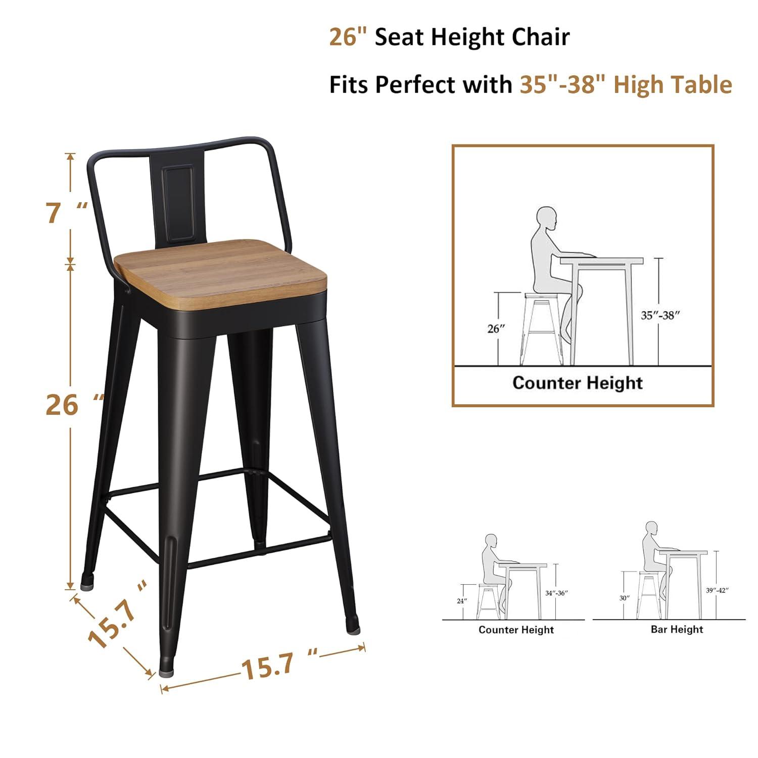 Bar Stools Set of 4 Metal Bar Stool Counter Height Bar Stools 26" Black Modern Bar Chairs with Back and Wooden Seat Bar Stools Counter Height