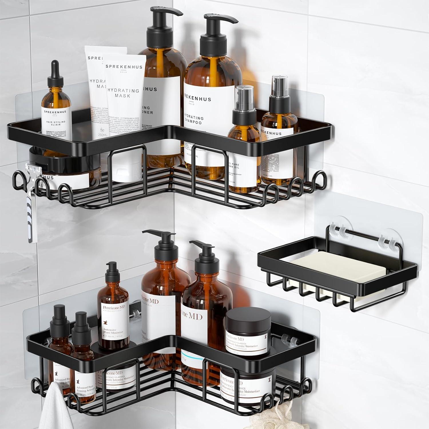 Rebrilliant 3-Pack Corner Adhesive Shower Caddy with Soap Holder & 12 Hooks, Stainless Steel