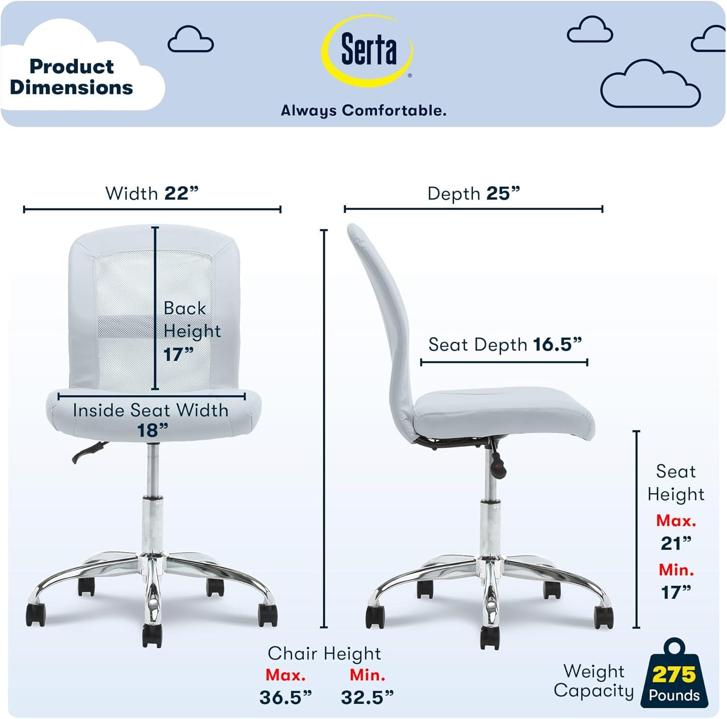 Essentials Computer Chair Blue Sky - Serta: Armless, Adjustable, Faux Leather & Mesh Task Chair