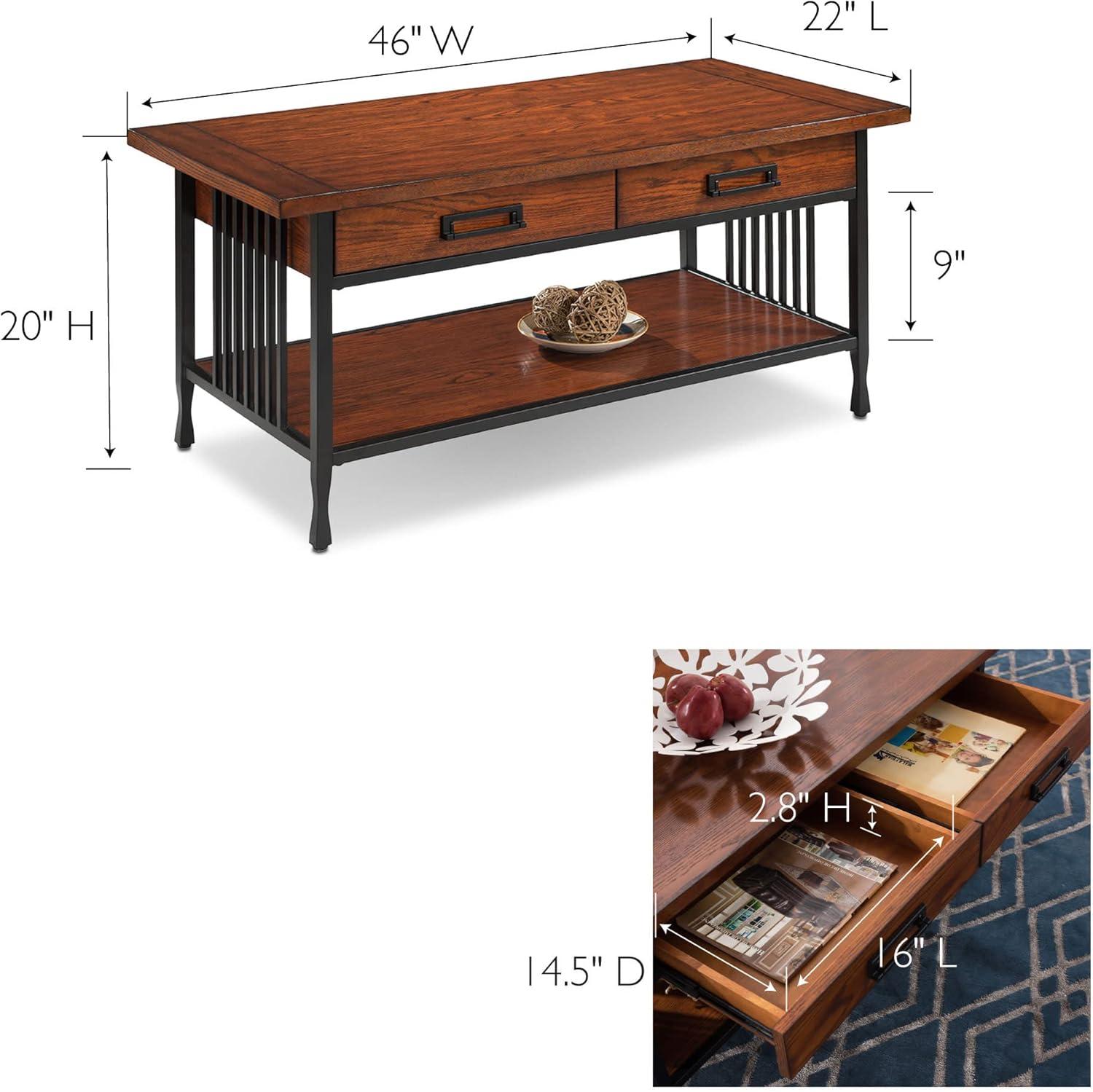Leick Home 11204 Ironcraft Two Drawer Rustic Coffee Table with Shelf, Mission Oak and Black