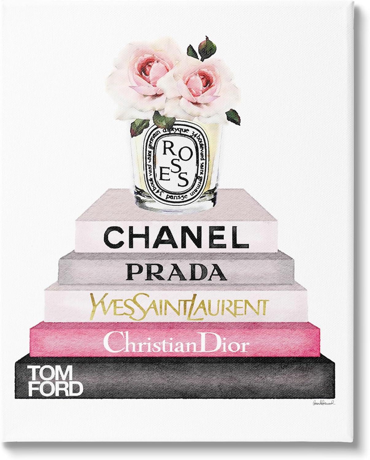 Stupell Book Stack Fashion Candle Pink Rose Canvas Art, 24 x 1.5 x 30