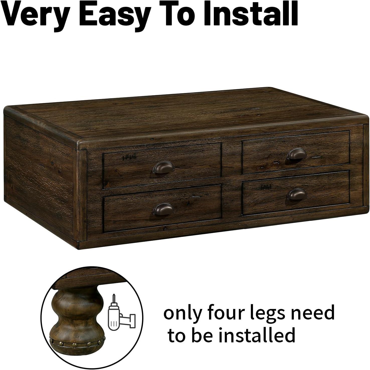 Solid Wood Rectangle Coffee Table For Living Room, 40-Inch Antique Coffee Table With 4 Drawers, Wood Center Table Tea Table With Rivet Decoration Legs.Easy Assembly, Espresso