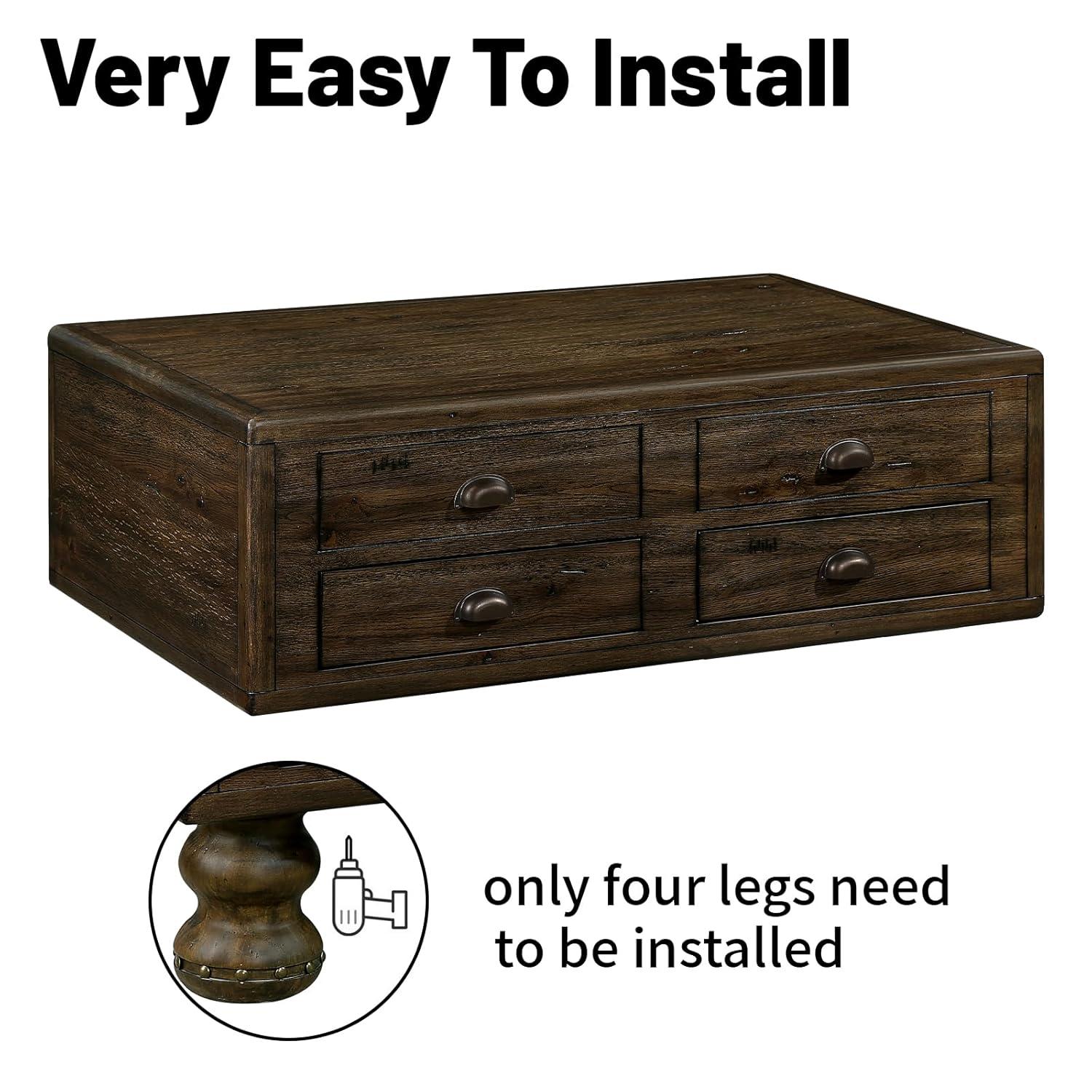 Solid Wood Rectangle Coffee Table For Living Room, 40-Inch Antique Coffee Table With 4 Drawers, Wood Center Table Tea Table With Rivet Decoration Legs.Easy Assembly, Espresso