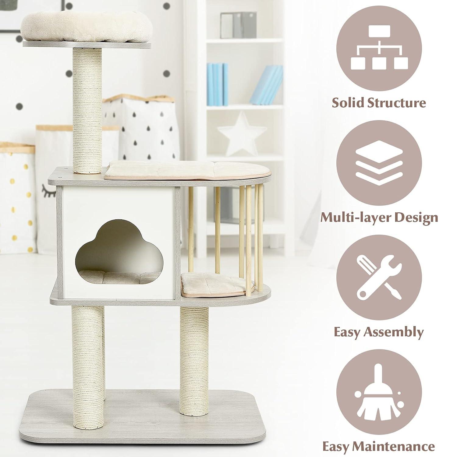 Archie & Oscar™ 46" Modern Wooden Cat Tree With Platform & Washable Cushions For Kittens & Cats