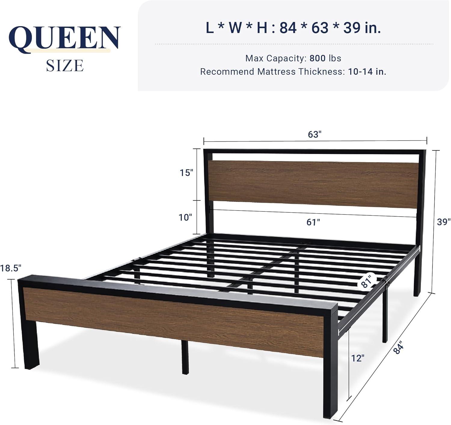 Walnut and Black Queen Metal Frame Bed with Wood Headboard