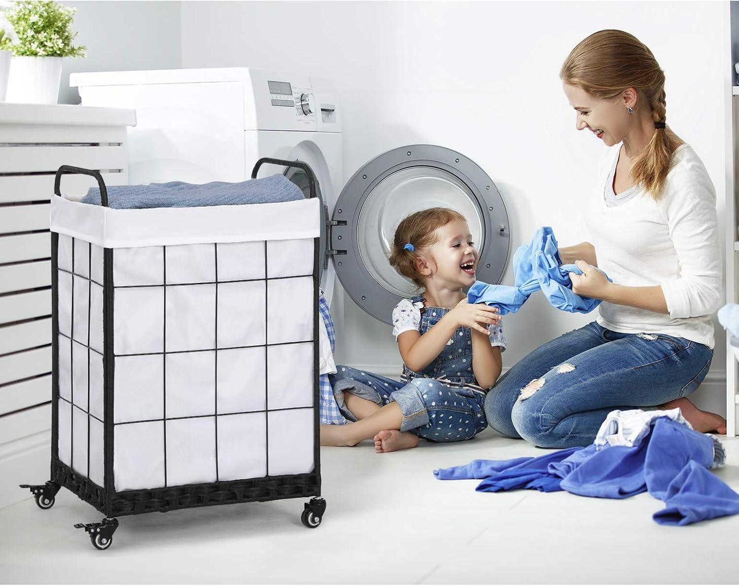 Laundry Hamper with Heavy Duty Rolling Lockable Wheels; Durable Laundry Basket with Detachable Liner Bag; Collapsible Clothes Hamper with Metal Handle (White)