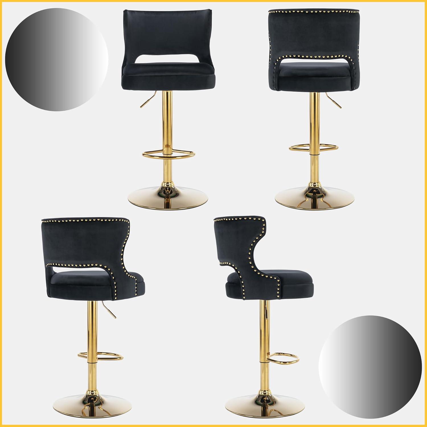 Black Velvet Swivel Bar Stools with Gold Base, Set of 2