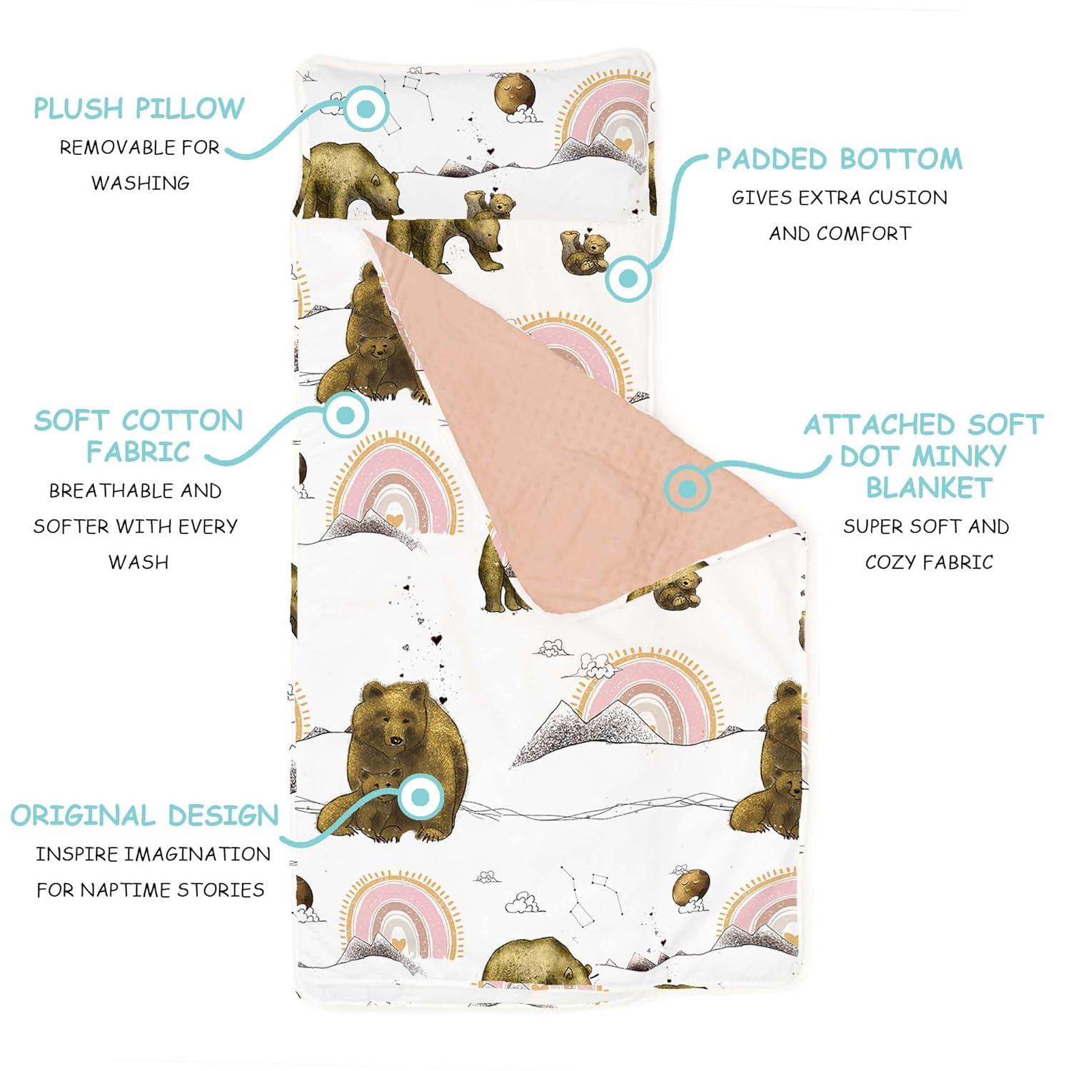 Extra Long Toddler Nap Mat - Sleeping Bag for Kids with Removable Pillow and Ultra Soft Blanket for Preschool, Daycare, and Sleepovers - Rainbow Bears