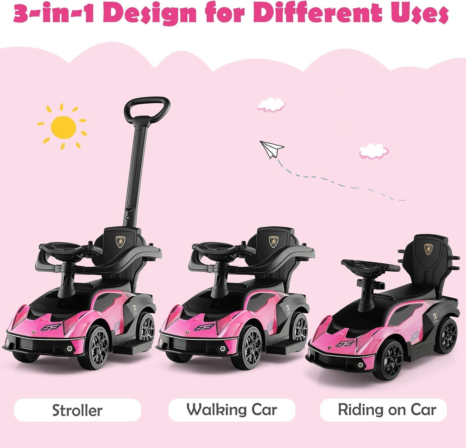 Costway 3-in-1 Licensed Lamborghini Ride on Push Car Stroller Sliding Car w/ Sound Pink