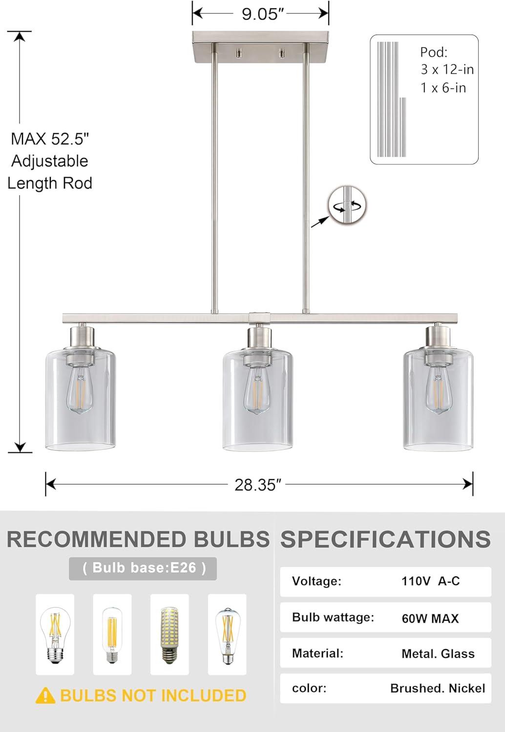 Brushed Nickel 3-Light Linear Island Pendant with Clear Glass Shades