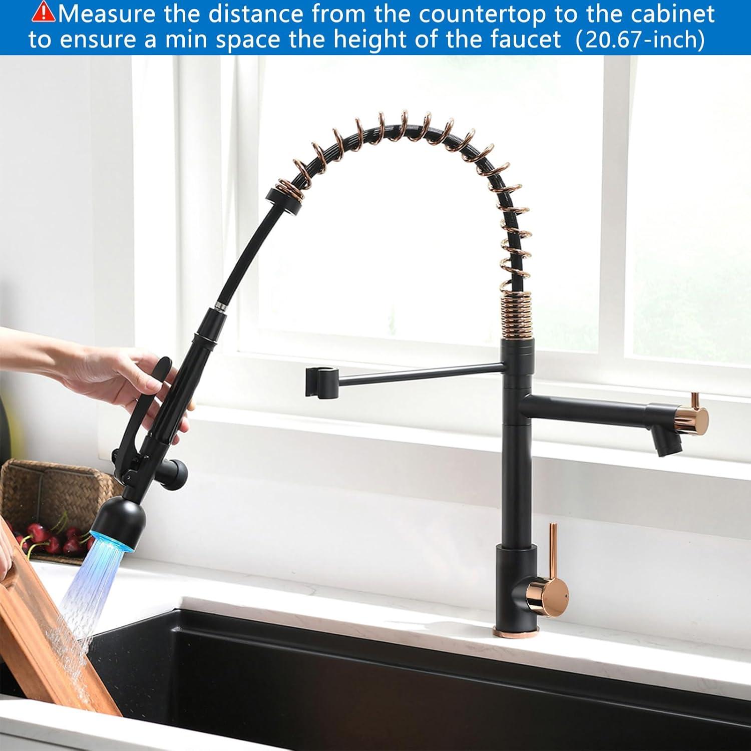 Matte Black and Rose Gold Pull Down Kitchen Faucet with LED Light