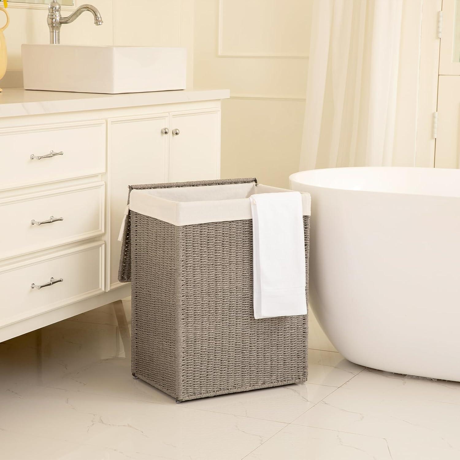 OIAHOMY Laundry Hamper with Lid, 23.8 Gal (90L) Wicker Hamper with Removable Liner Bags, Handwoven Clothes Basket with Handles, Foldable Woven Paper Rope Basket for Laundry Room, Bedroom-Grey