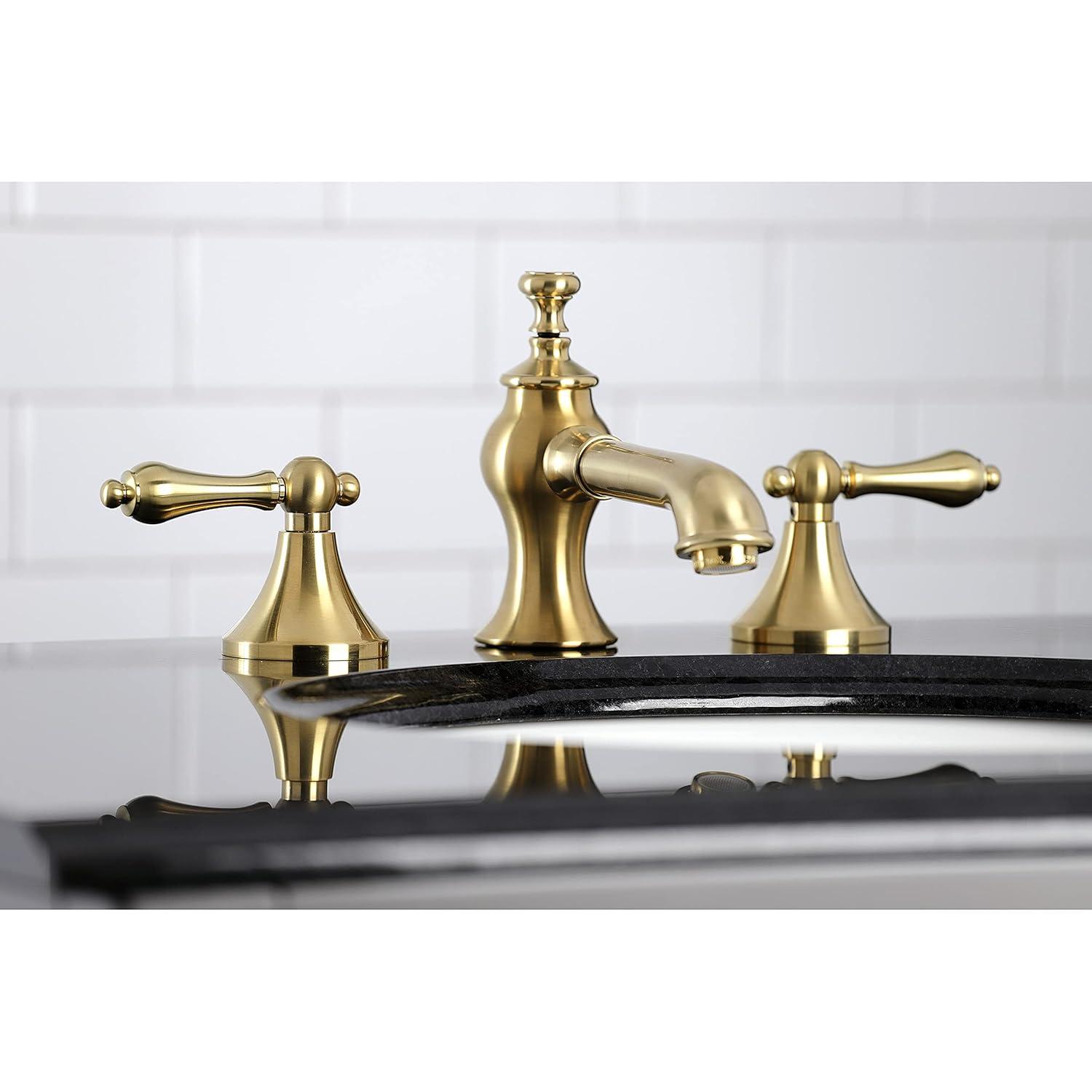 Kingston Brass Vintage Two-Handle 3-Hole Deck Mount Widespread Bathroom Faucet with Brass Pop-Up Drain