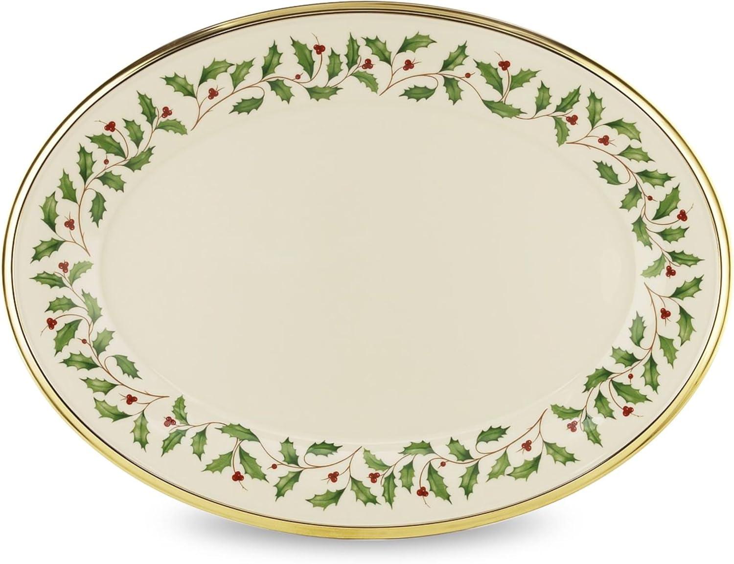 Ivory Ceramic Oval Platter with Gold Rim and Holly Design