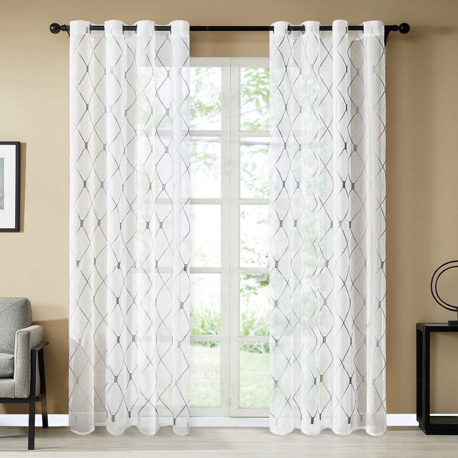 White and Grey Sheer Linen Grommet Curtain Panels