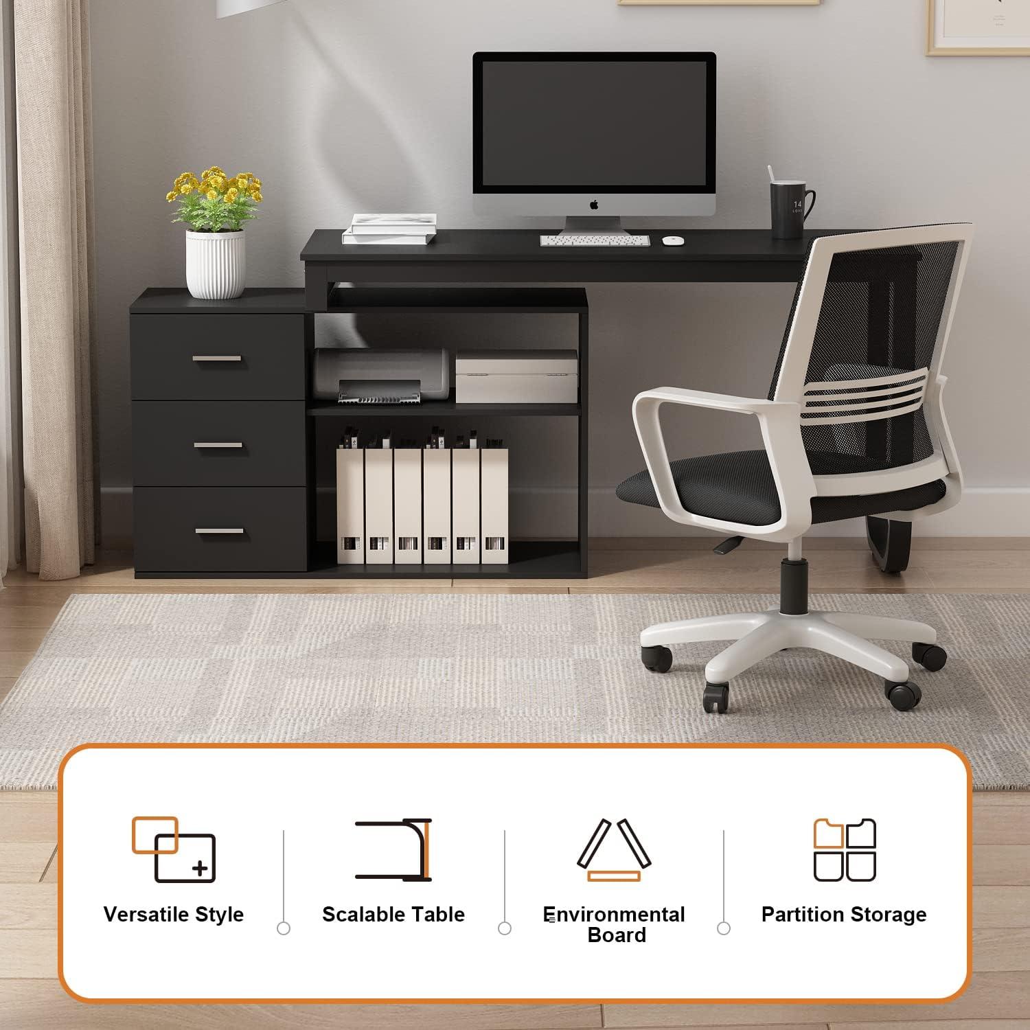 KULAGAGA L Shaped Computer Desk Corner Writing Workstation Table with Cabinet Drawer Storage for Home Office Study, Black