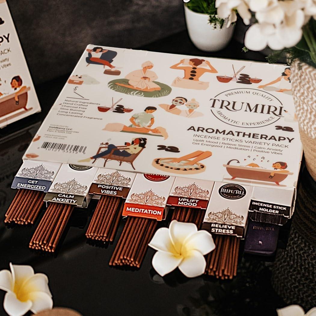 Trumiri Incense Sticks - Aroma Sticks - Total 120 Insence-Sticks (20 Insense x 6 Incence) - Calm Anxiety, Positive Vibes, Meditation, Get Energized, Relieve Stress, Uplift Mood with Incense Holder