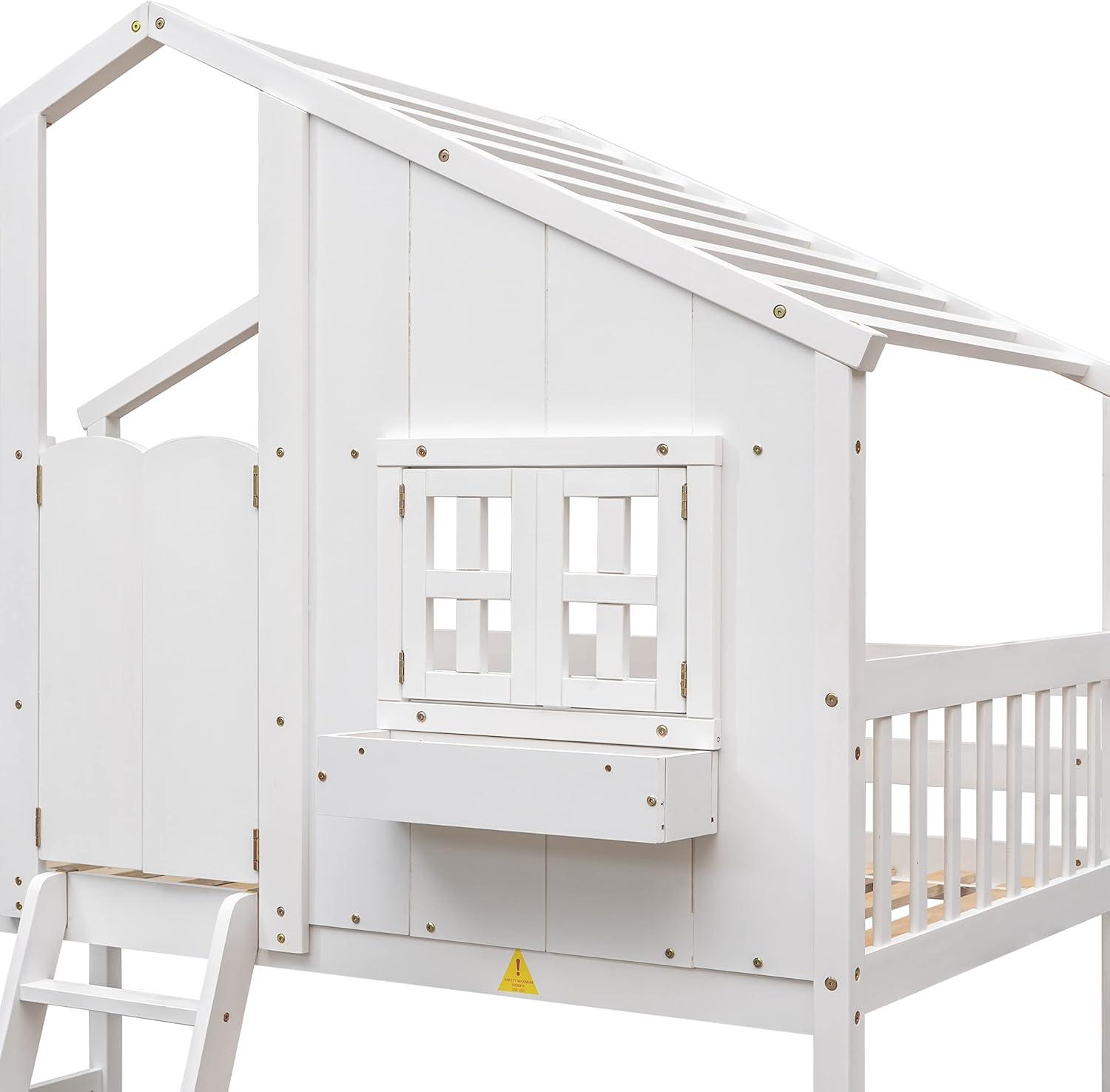 Harper & Bright Designs House Bunk Bed Twin Over Twin Kids Bunk Bed Wood Frame with Roof, Window, Window Box, Door, Safety Guardrails and Ladder, for Girls Boys (Twin Size, White)