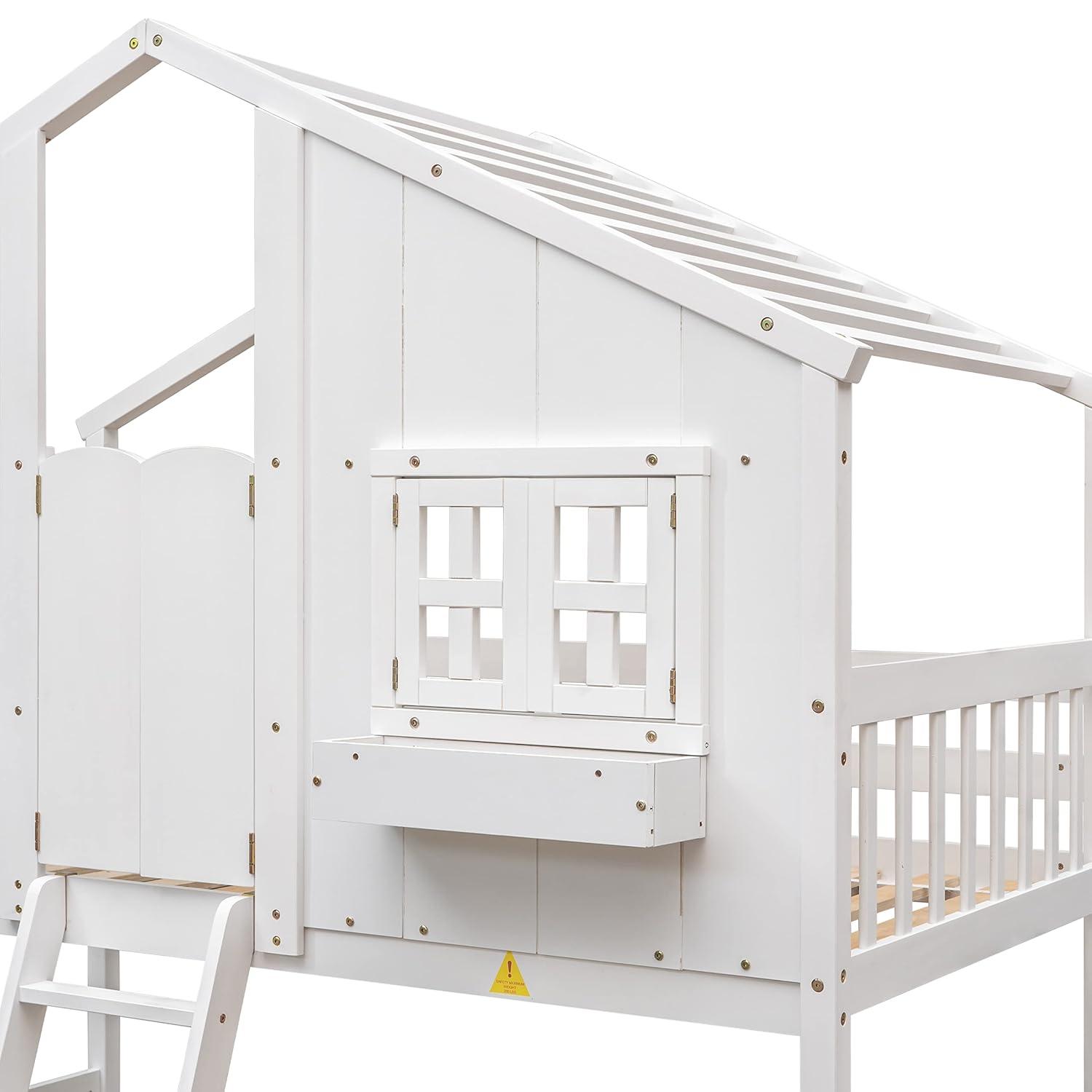 Harper & Bright Designs House Bunk Bed Twin Over Twin Kids Bunk Bed Wood Frame with Roof, Window, Window Box, Door, Safety Guardrails and Ladder, for Girls Boys (Twin Size, White)