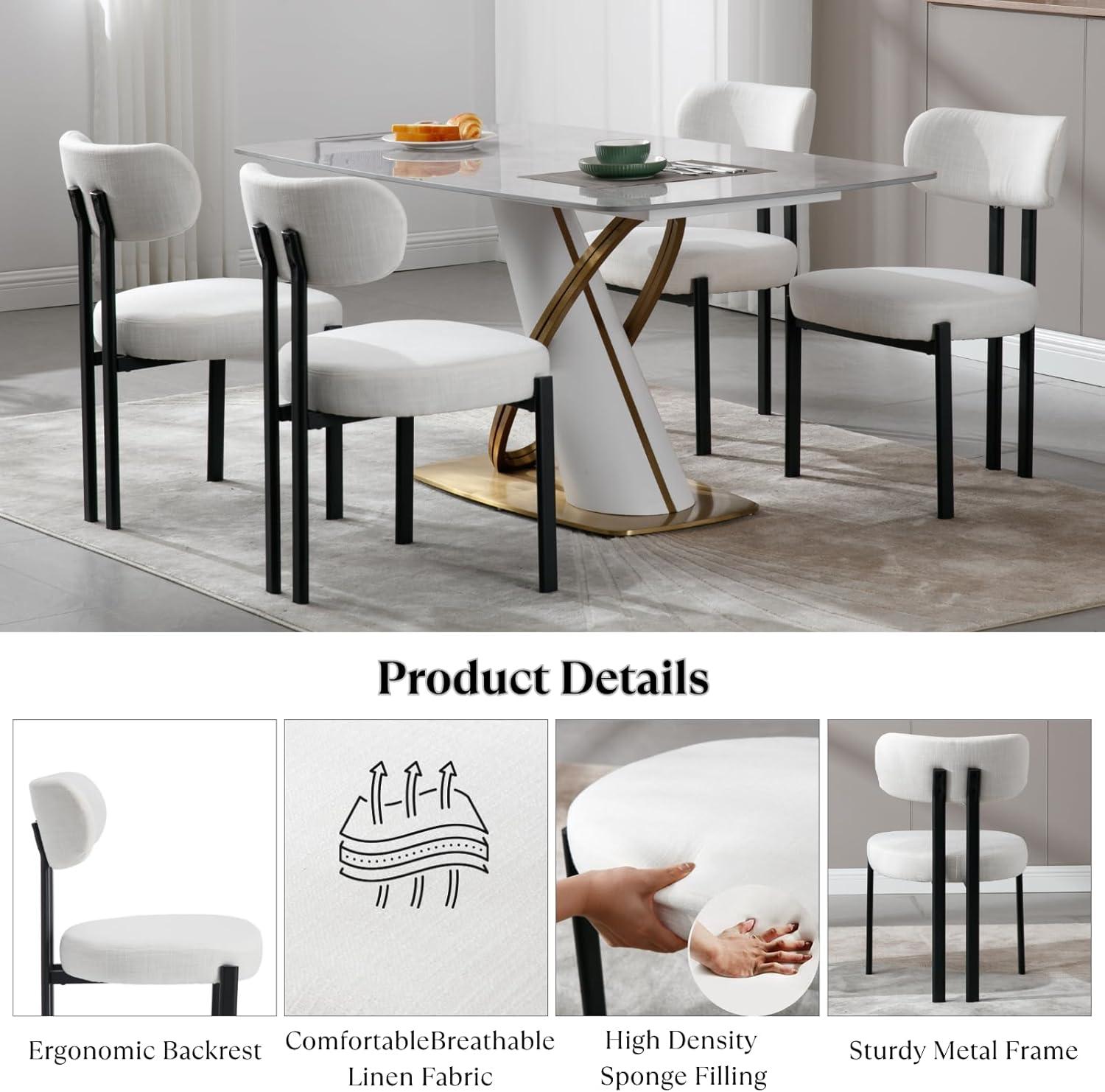 CONCETTA Dining Chairs Set of 4, Kitchen Chairs with Curved Backrest & Metal Legs, Mid Century Modern Round Dining Room Chairs for Vanity, Living Room,Beige