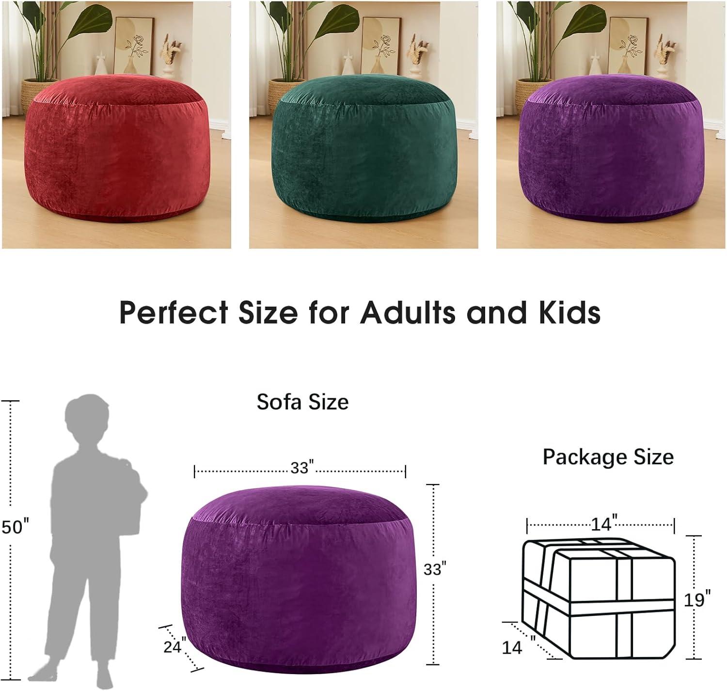 Bean Bag Chairs for Adults - Memory Foam Furniture BeanBag Chair - Kids/Teens Sofa with Soft Micro Fiber Cover - Round Fluffy Couch for Living Room Bedroom College Dorm - 3 ft, Purple