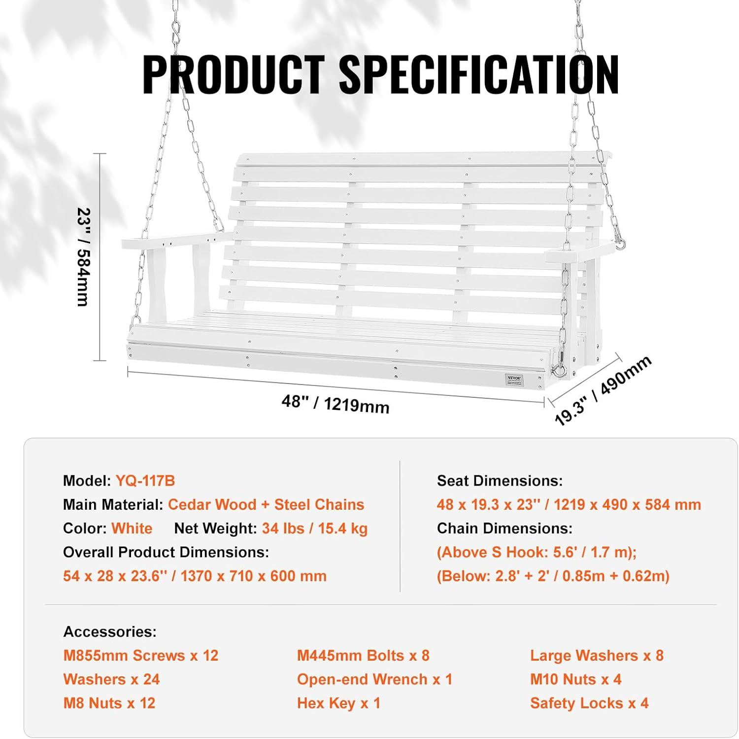 White Fir Wood Heavy Duty Porch Swing with Steel Chains
