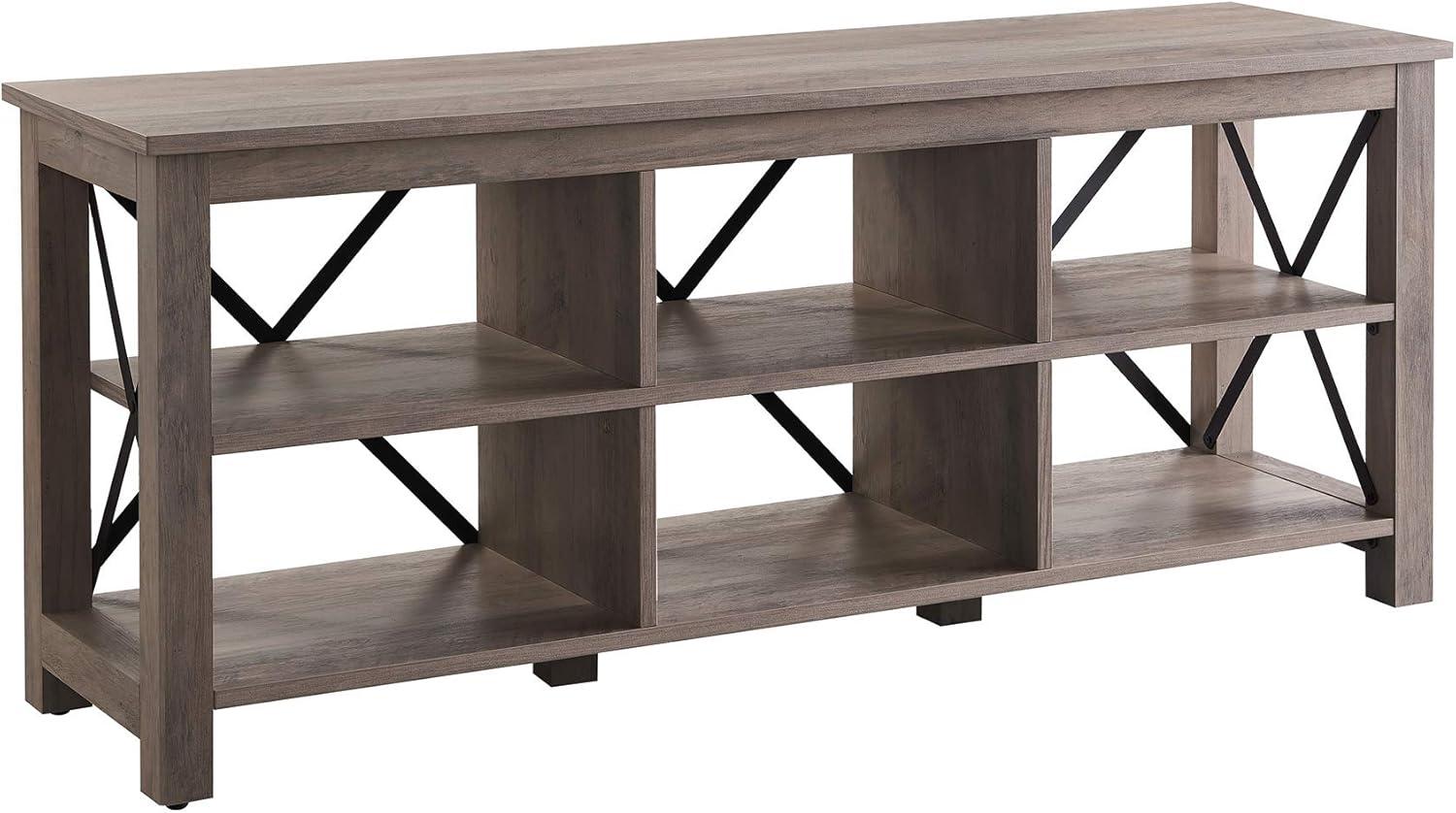 Sawyer Modern Farmhouse 58" TV Stand in Gray Oak with Black Metal Accents