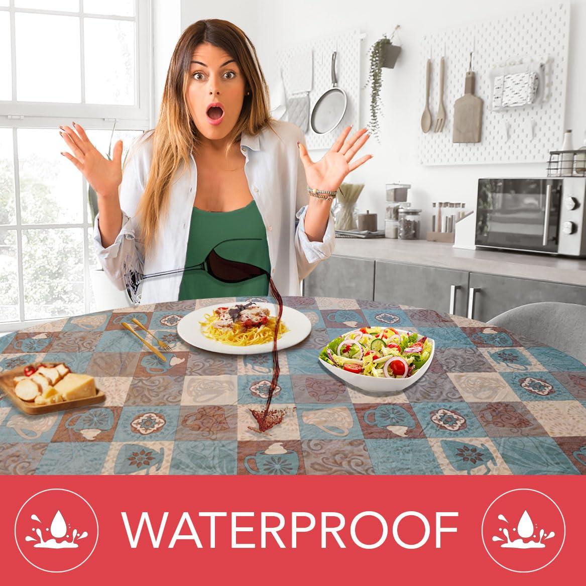 Covers For The Home Deluxe Elastic Edged Flannel Backed Vinyl Fitted Table Cover - Global Coffee Pattern - Small Round - Fits Tables up to 40" - 44" Diameter (ETCOF48)