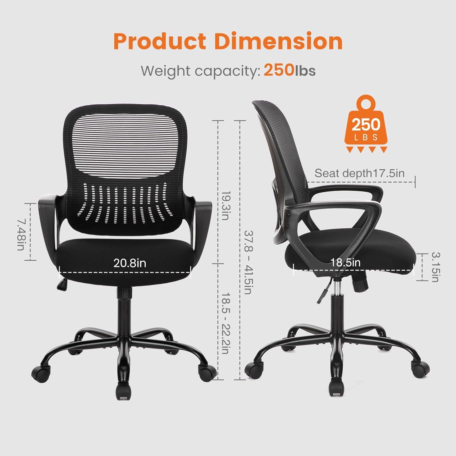 Office Computer Desk Managerial Executive Chair, Ergonomic Mid-Back Mesh Rolling Work Swivel Chairs with Wheels, Comfortable Lumbar Support, Comfy Arms for Home,Bedroom,Study,Student,Black