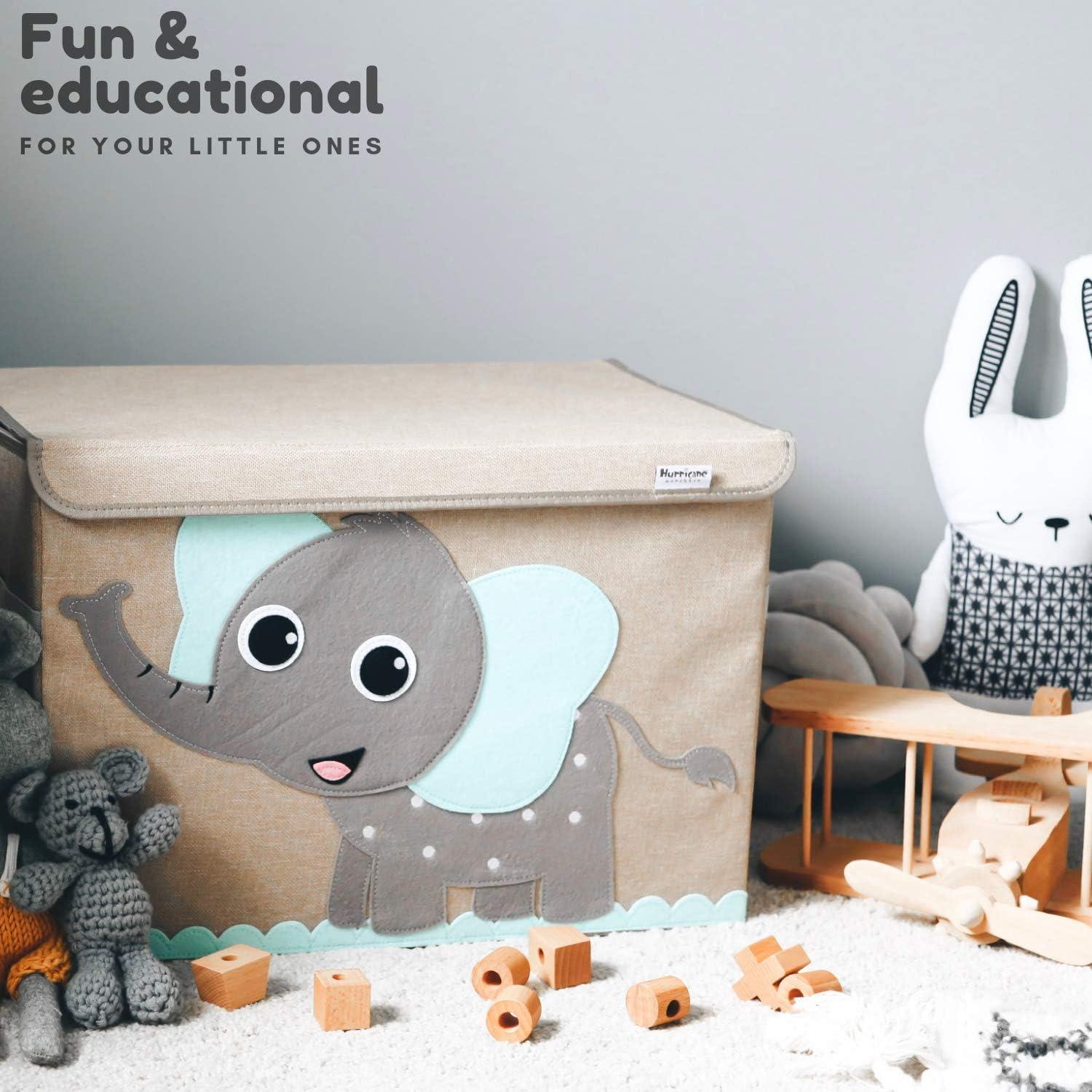 Large Beige and Gray Canvas Collapsible Toy Chest with Elephant Design