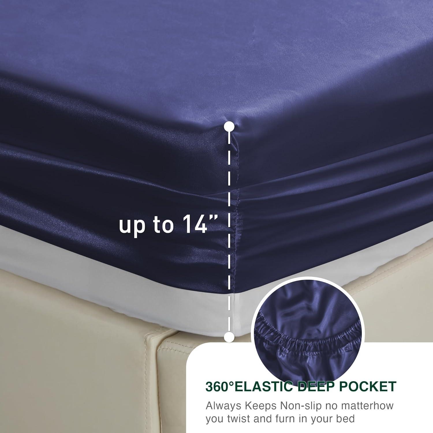 Satin Bed Sheets Full Size Sheet Sets, Navy Blue Silk Sheets, 4 - Pieces Soft Bedding Set with 1 Deep Pocket Fitted Sheet,1 Flat Sheet,2 Pillowcase