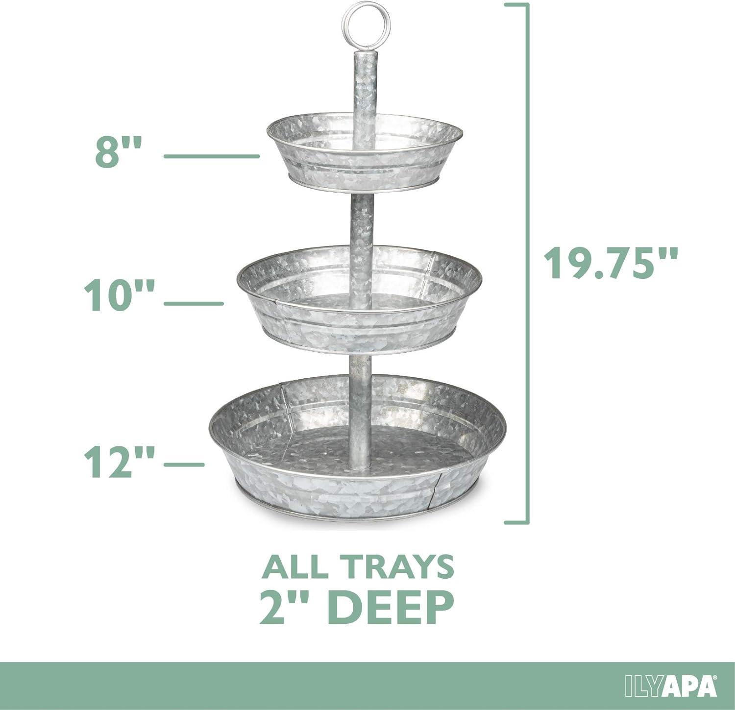 3 Tier Serving Tray - Galvanized, Rustic Metal Stand. Dessert, Cupcake, Fruit & Party Three Tiered Platter. Country Farmhouse Vintage Decor for The Kitchen, Home, Farm & Outdoor by Hallops