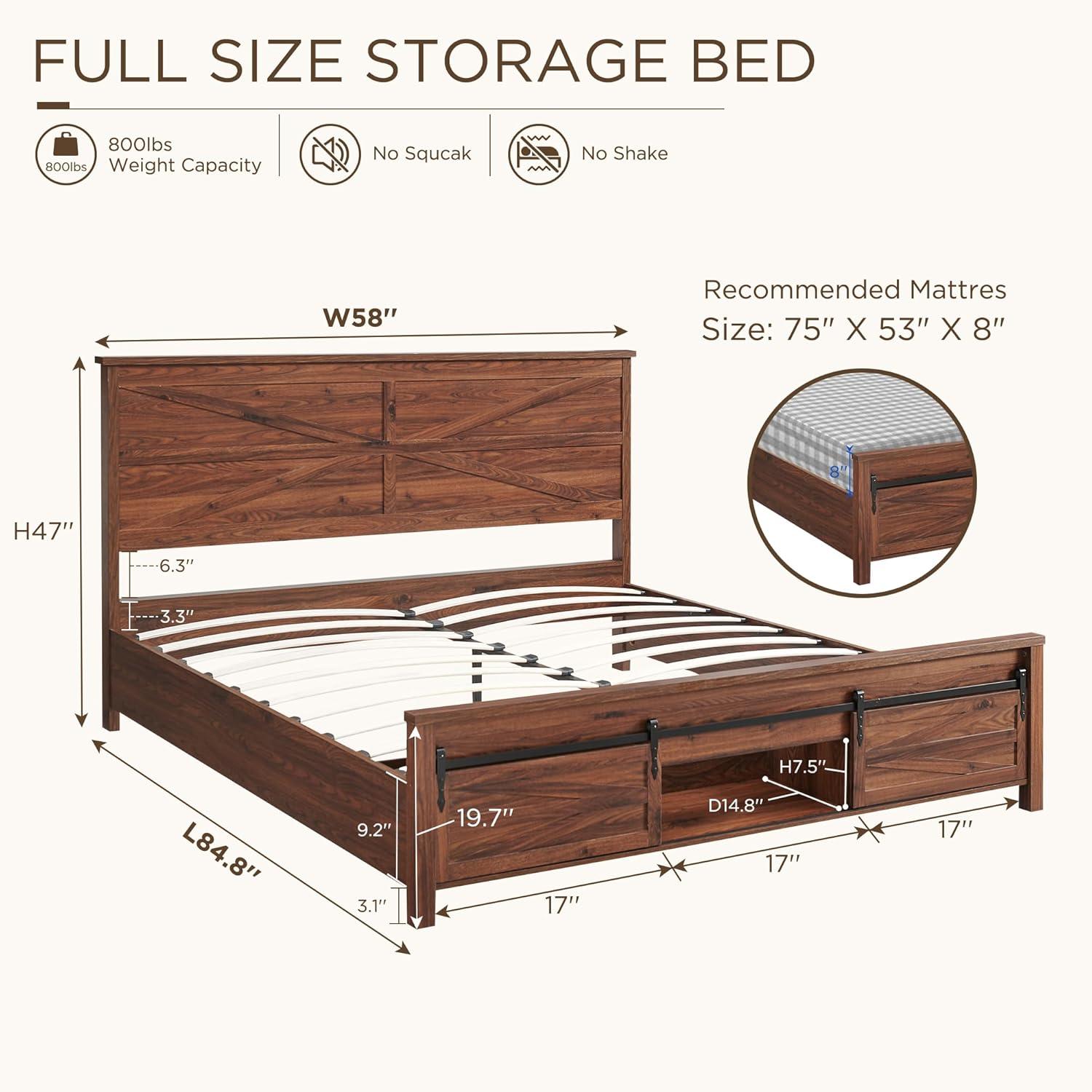 Argana Farmhouse Wood Bed Frame with Headboard and Sliding Barn Door Storage Cabinets