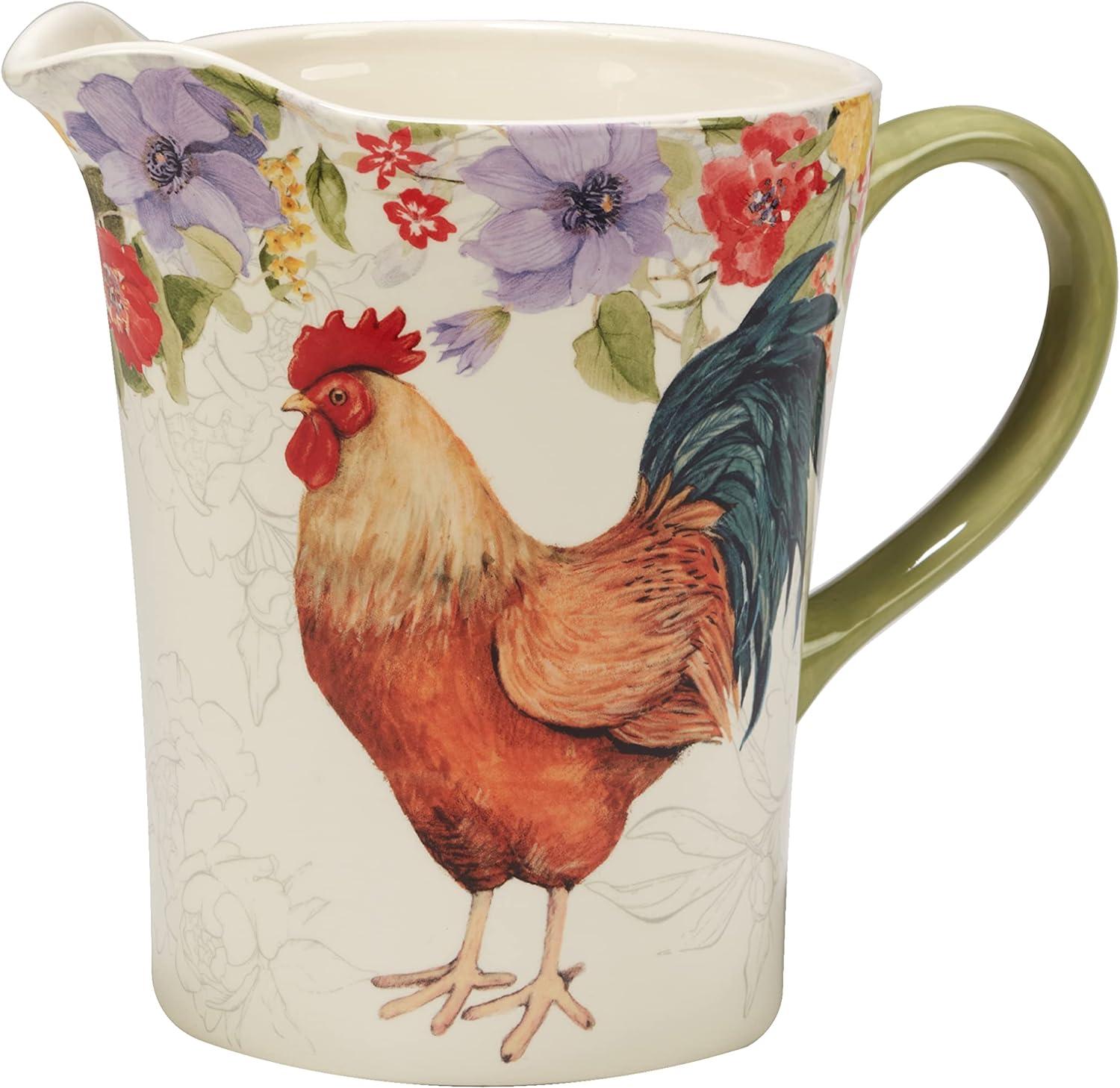 Multicolor Ceramic Floral Rooster Beverage Server, 112 oz