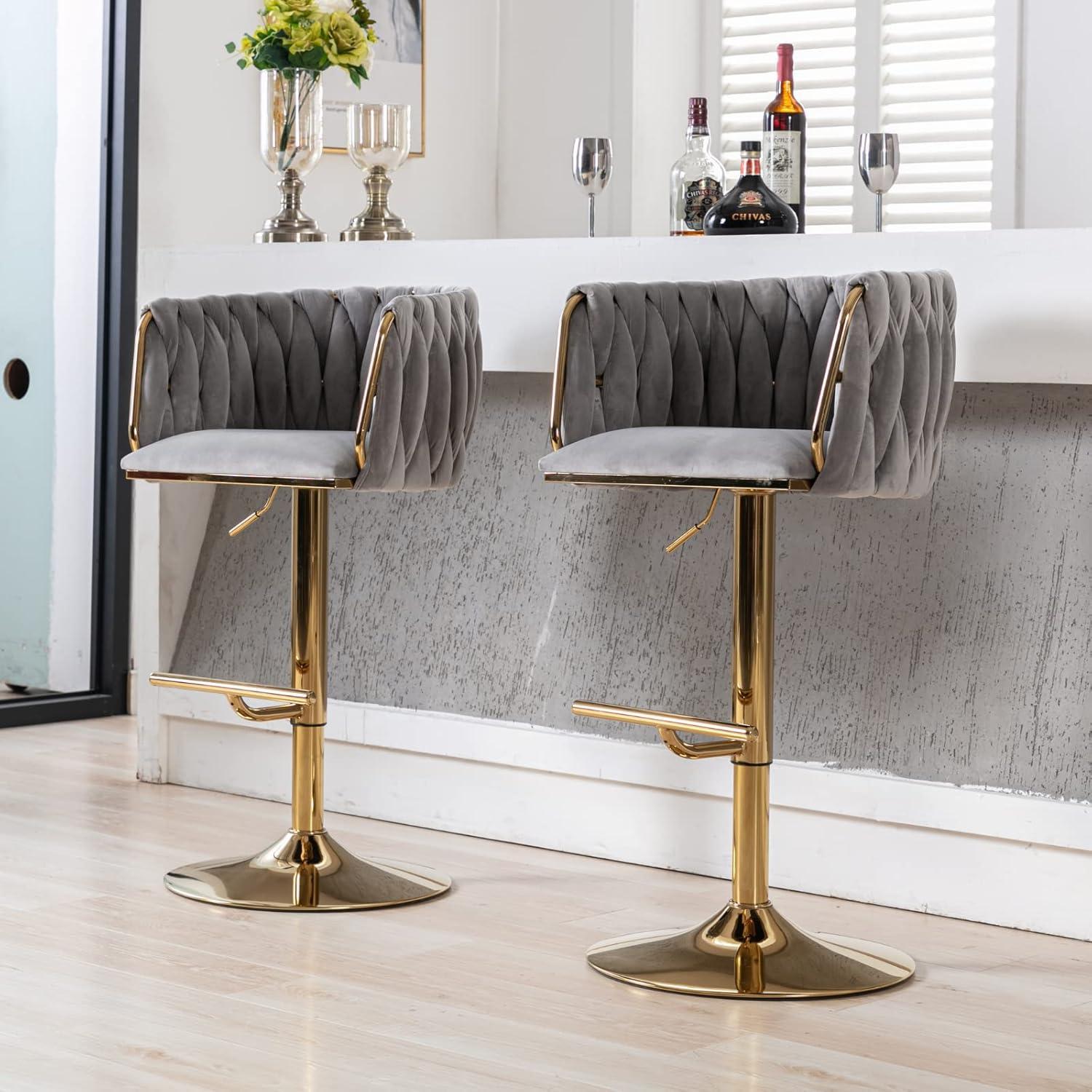 Velvet Bar Stools Set of 2, Counter Height Bar Stools with Low Back, Gold Swivel Barstools for Kitchen Island, Bar Pub (Grey)