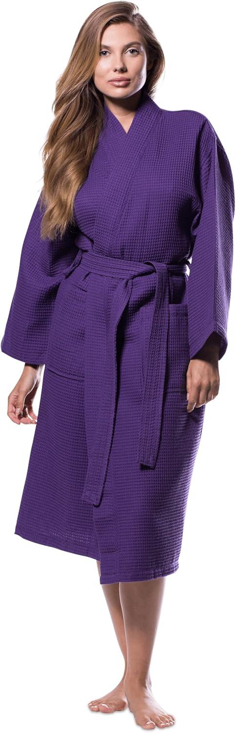 Purple Lightweight Cotton Blend Waffle Kimono Spa Robe S/M