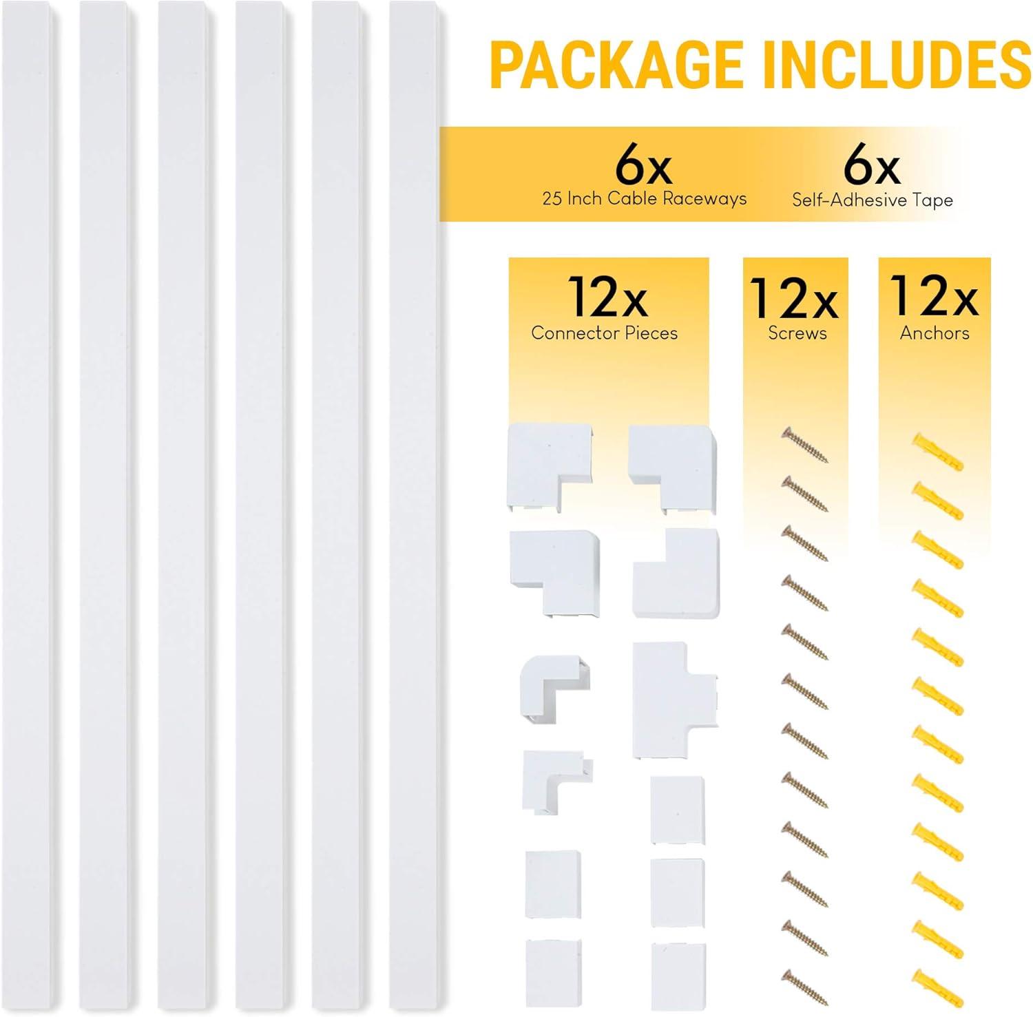 Set of Six 25-inch Cord Covers – 150-inch Total On-Wall Cable Management Kit for Wall-Mounted TV or Computer Cables by Simple Cord (White)