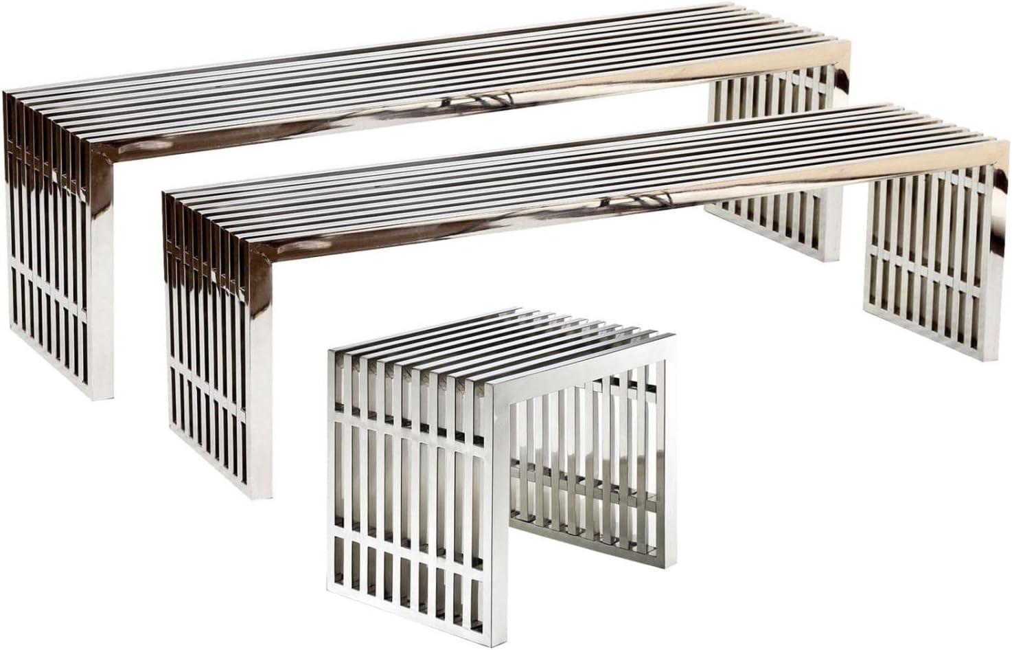 Radiant Silver Stainless Steel Modern Bench Trio, 15"x17"x20"