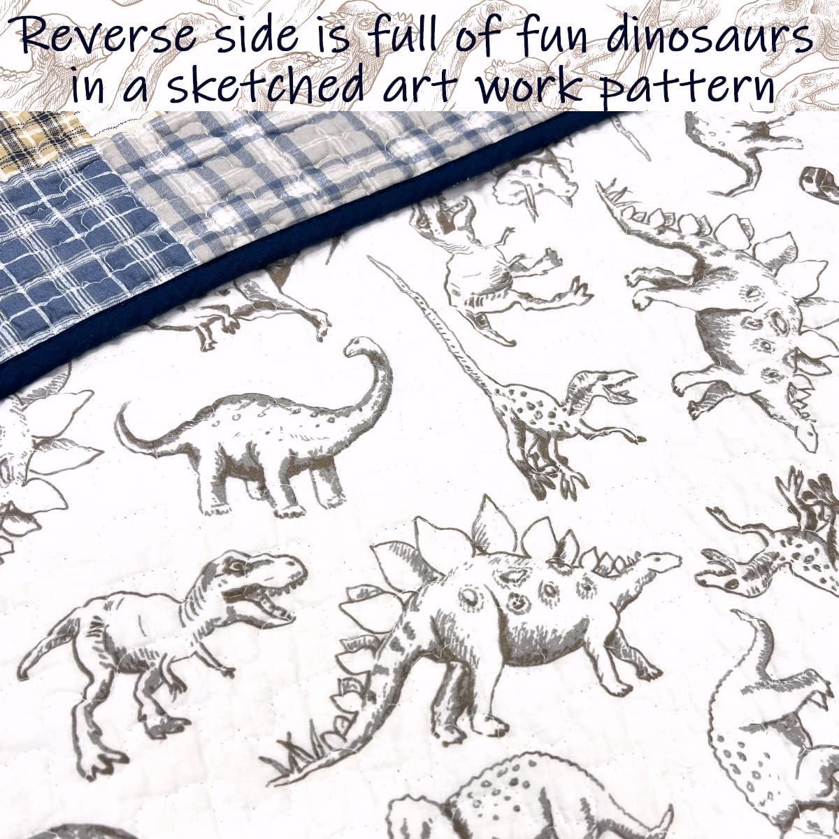 Cozy Line Benjamin Cute Dinosaur Navy Blue White Grey Plaid cotton Quilt, Twin - Reversible