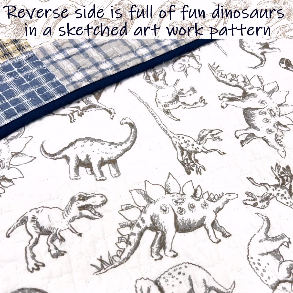 Cozy Line Benjamin Cute Dinosaur Navy Blue White Grey Plaid cotton Quilt, Twin - Reversible