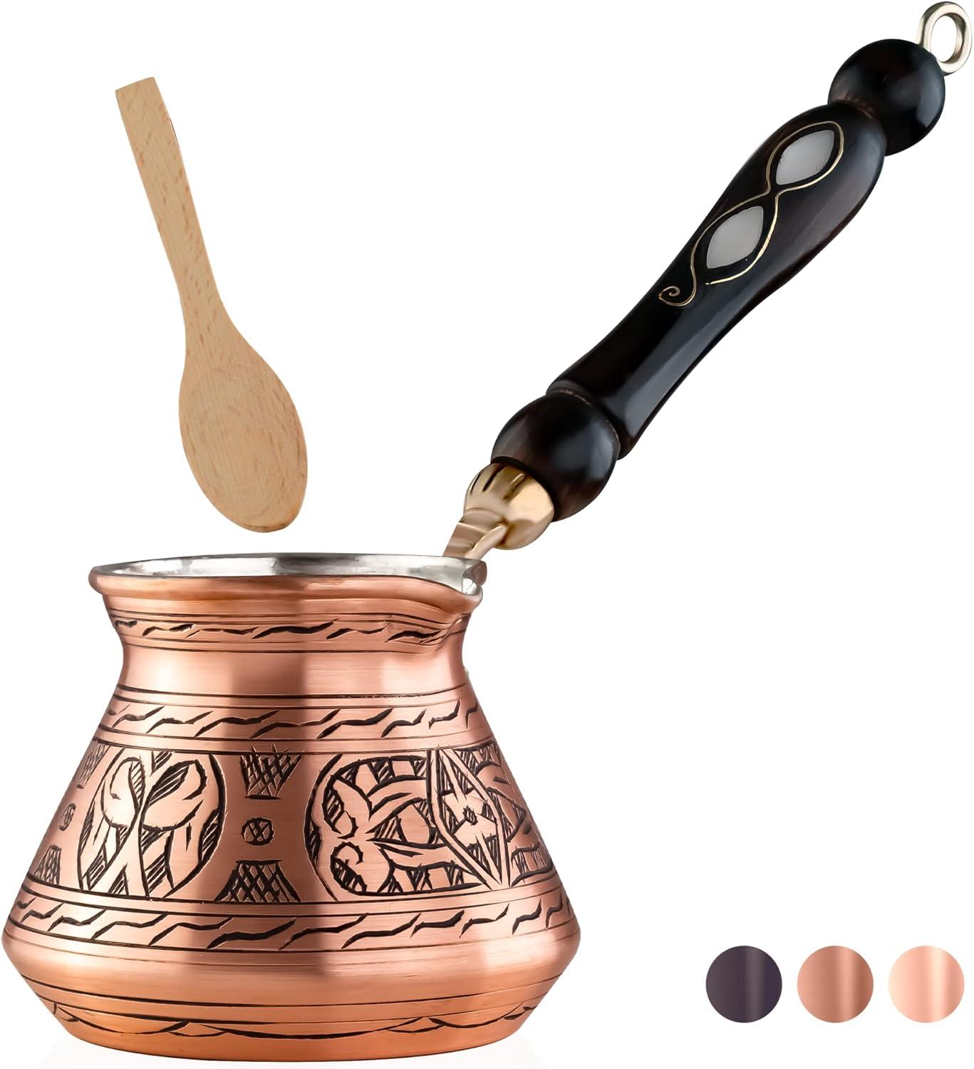 12 Oz Black Copper Turkish Coffee Pot with Wooden Handle and Spoon