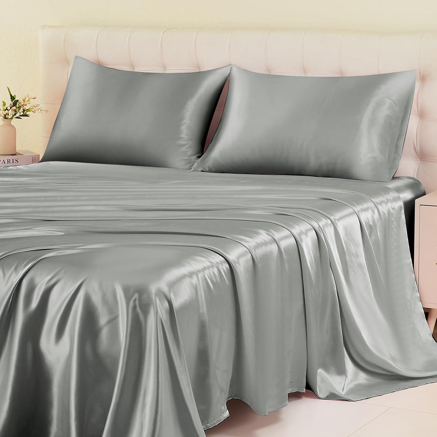 ANMINY Satin Sheets Queen Silk Sheets Gray Bed Sheet Set Deep Pocket Bed Flat Fitted Sheet, 4-Pieces