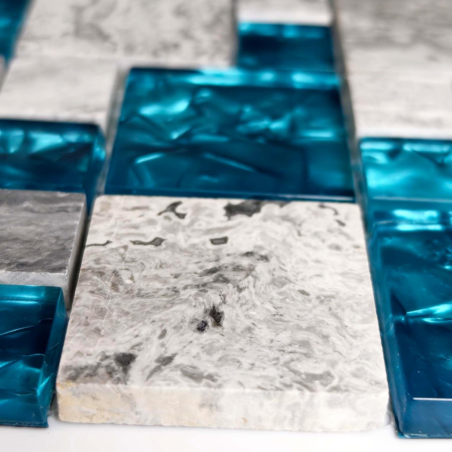 Premium Teal Blue Crystal Glass & Grey Stone Tile Modern Bathroom Shower Wall Versaille Patterns Mosaic for Kitchen Fireplace Decor (3"x12" Sample)