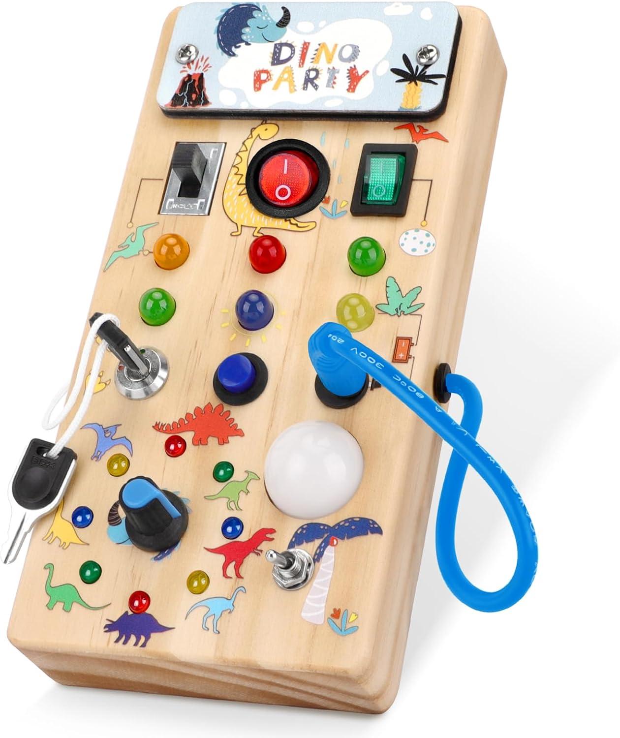Montessori Wooden Busy Board with 8 LED Light switches, Sensory Toys Light Switch Travel Toys for 1+ Year Old Baby and Toddler